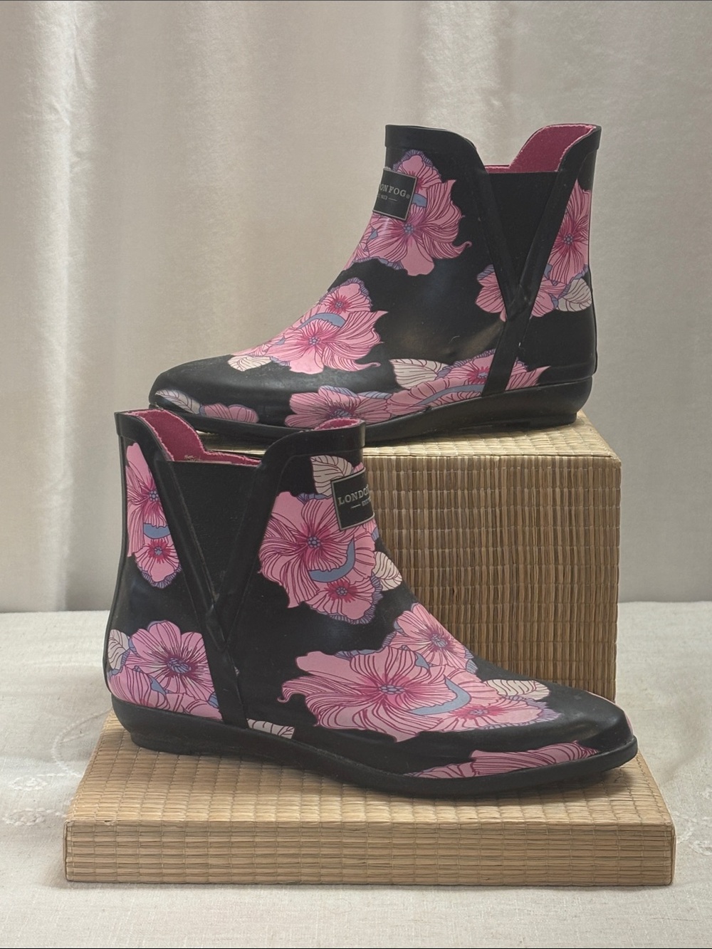 Black Ankle Rain Boots with Pink Floral Print